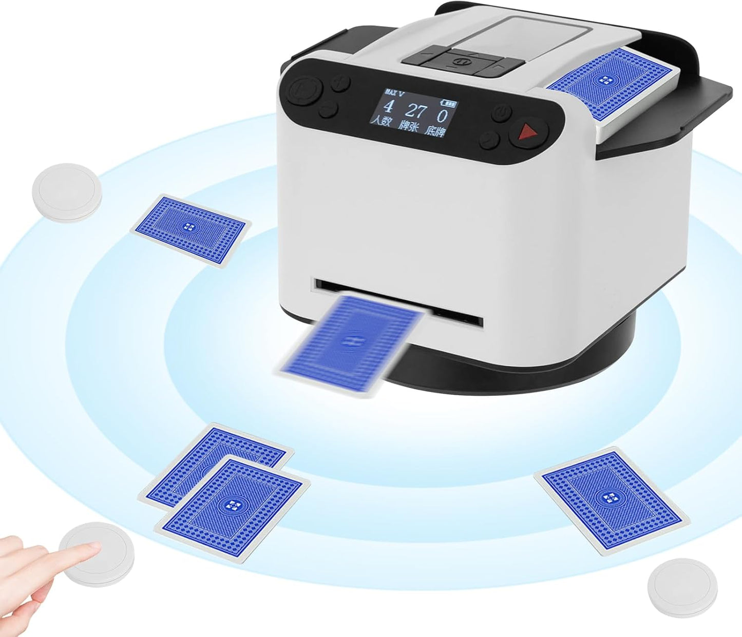 Automatischer Kartenmischer und Kartengeber 2-in-1 mit 360-Grad-Drehfunktion und Vier kabellosen Ausgabeknöpfen für Spiele wie UNO, Blackjack und Texas Hold'em