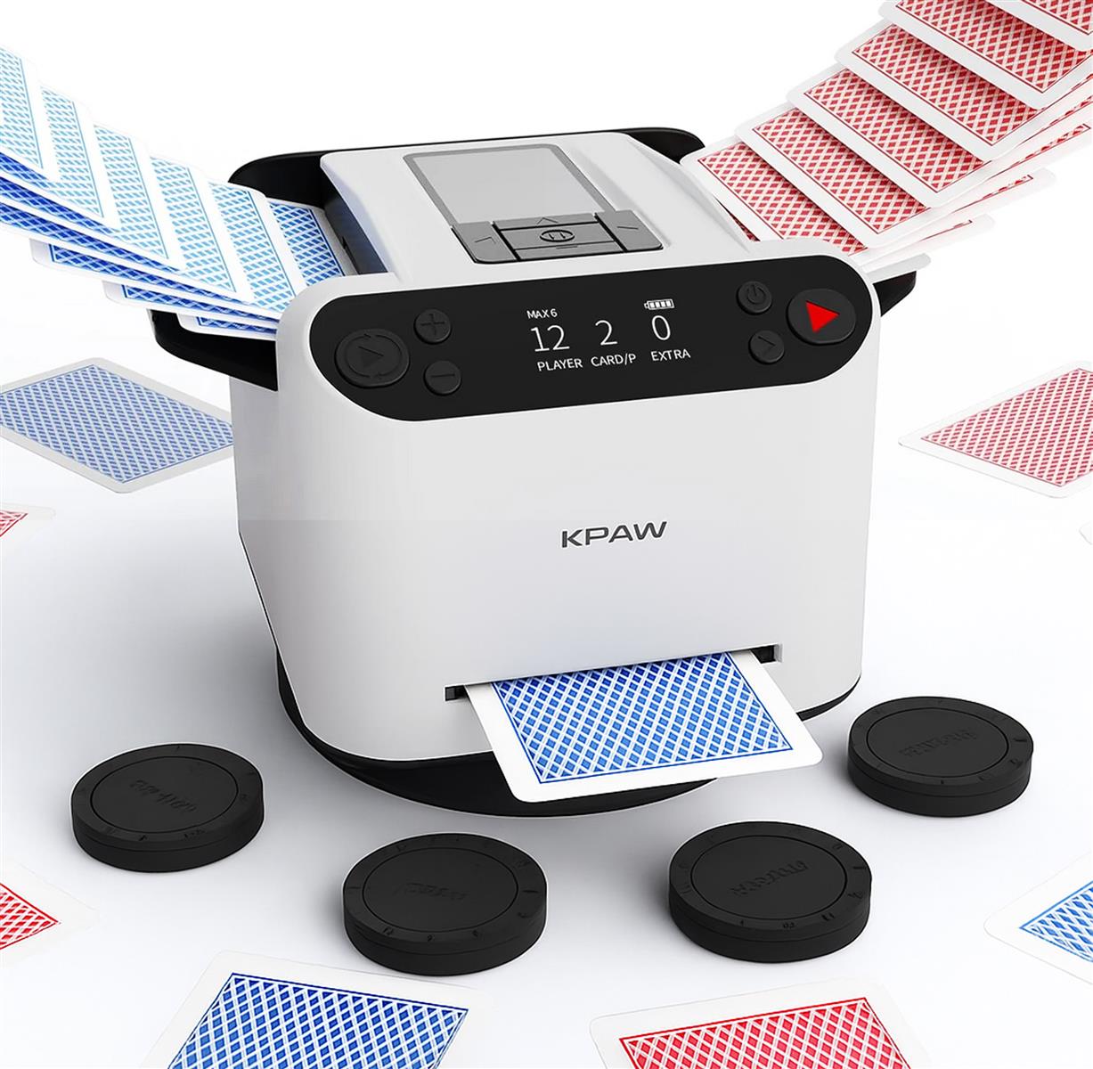 Automatischer Kartenmischer und Kartengeber 2-in-1 mit 360-Grad-Drehfunktion und Vier kabellosen Ausgabeknöpfen für Spiele wie UNO, Blackjack und Texas Hold'em