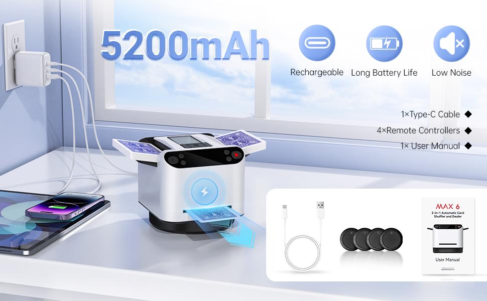 Automatischer Kartenmischer und Kartengeber 2-in-1 mit 360-Grad-Drehfunktion und Vier kabellosen Ausgabeknöpfen für Spiele wie UNO, Blackjack und Texas Hold'em