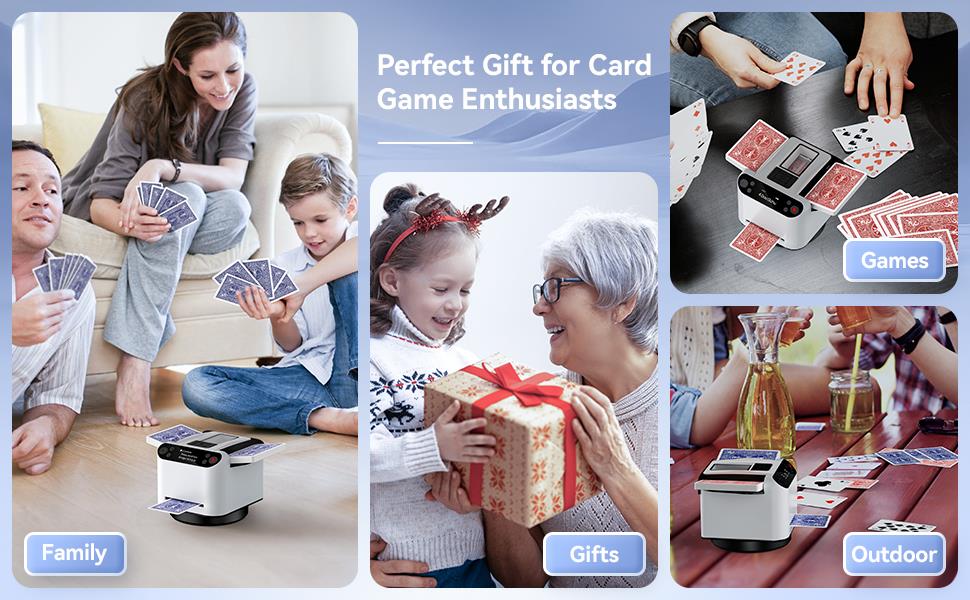 Automatischer Kartenmischer und Kartengeber 2-in-1 mit 360-Grad-Drehfunktion und Vier kabellosen Ausgabeknöpfen für Spiele wie UNO, Blackjack und Texas Hold'em